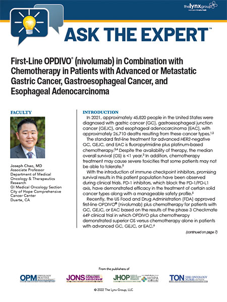 First-Line OPDIVO® (nivolumab) in Combination with Chemotherapy in Patients with Advanced or Metastatic Gastric Cancer, Gastroesophageal Cancer, and Esophageal Adenocarcinoma