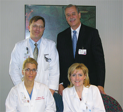 Clockwise from top left: Walter M. Sahijdak, MD; Philip J. Stella, MD; Lara Blair, RN; and Vita McCabe, MD; of the multidisciplinary lung clinic at St. Joseph Mercy Cancer Center.